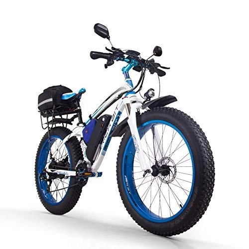Vélos électriques : RICH BIT Vélo électrique 26 Pouces, 48V 17Ah Batterie Lithium-ION Fat Ebike, VTT électrique pour Adulte avec Porte-Bagages arrière, Sac, rétroviseurs (Bleu)