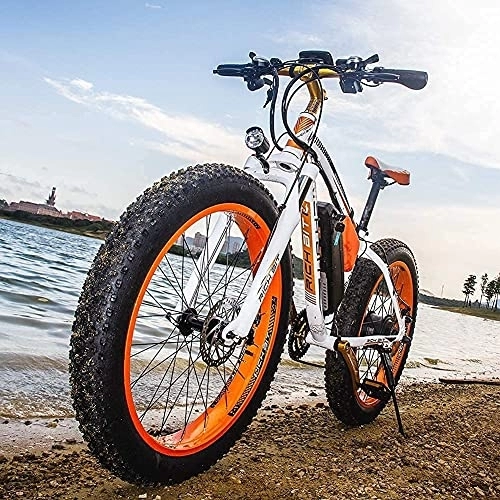 Vélos électriques : RICH BIT Vélo électrique Homme 26 Pouces, 48V 17Ah Batterie Lithium-ION Fat Bike Ebike, VTT électrique Adulte avec Porte-Bagages arrière, Sac, rétroviseurs (Orange)
