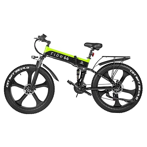 Vélos électriques : ride66 Vélo Électrique VTT Pliable Fat E-Bike 26 Pouces 21 Vitesses Double Batterie pour Homme Adulte (Noir-Vert) XL