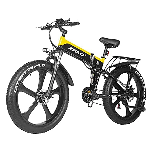 Vélos électriques : SAWOO Vélo électrique 1000w VTT électrique 26 Pouces E-Bike Pliant avec Batterie Au Lithium 10ah Neige Ebike Shimano 21 Vitesses (Jaune)