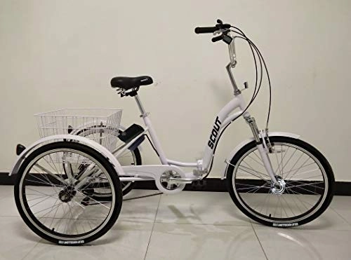 Vélos électriques : SCOUT Tricycle électrique de qualité, Cadre en Alliage Pliable, 250W, 12.8Ah, 15.5MPH limité, Assistance pédale 5 Niveaux (Blanc)