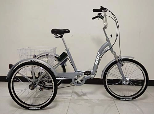 Vélos électriques : SCOUT Tricycle électrique de qualité, Cadre en Alliage Pliable, 250W, 12.8Ah, 15.5MPH limité, Assistance pédale 5 Niveaux (Gris)