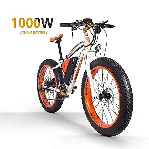 Vélos électriques : Sea blog Vélo de Montagne Électrique 26 '' 4.0 Gros Pneu e-Bike VTT avec Batterie Lithium-ION à Grande Capacité (48V16AH 1000W) Velo Électrique 21 Vitesses Suspension Complète, White+Orange