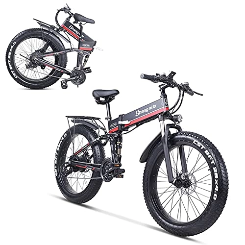 Vélos électriques : SHENGMILO MX01 Adulte Pliant vélo électrique, 26 * 4.0 Fat Tire Vélo électrique avec Moteur 1000W 48V 12.8AH Batterie, Levier de Vitesses 7 / 21(Rouge, Pas de Batterie de Rechange)