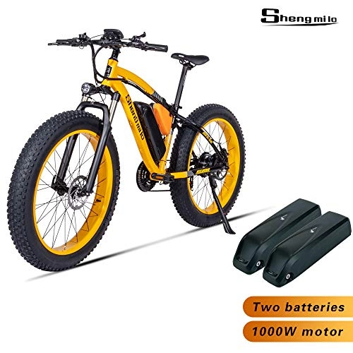 Vélos électriques : Shengmilo-MX02 26inch Fat Tire Vélo Électrique 1000W Plage Cruiser Hommes Femmes Montagne e-Bike Pédale Assist 48V 17ah Batterie (Jaune (Deux Piles), Moteur 1000w Chine)