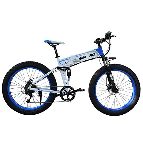 Vélos électriques : SHJC 26"" Pliant E-Bike - VTT, 350W 48V 8Ah Amovible au Lithium-ION Suspension Complète et LED Intelligent & Gros Pneu 26 x 4.0, Adulte Unisexe vélo de Ville électrique, White Blue