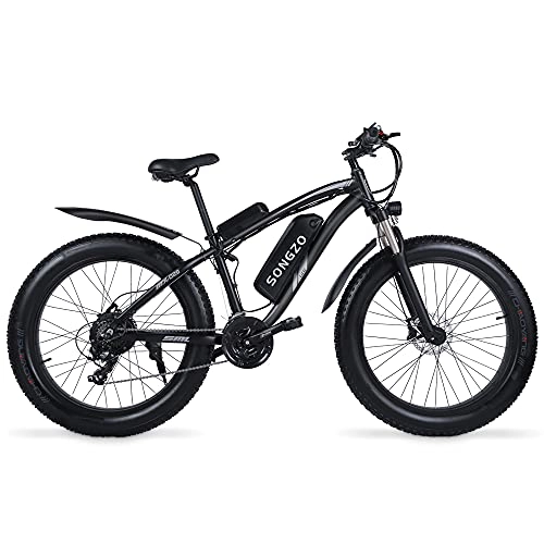 Vélos électriques : SONGZO Gros Pneu vélo électrique 48V 1000W Pliant 21 Vitesses Plage Montagne vélo électrique Double Amortisseur Puissant Batterie au Lithium