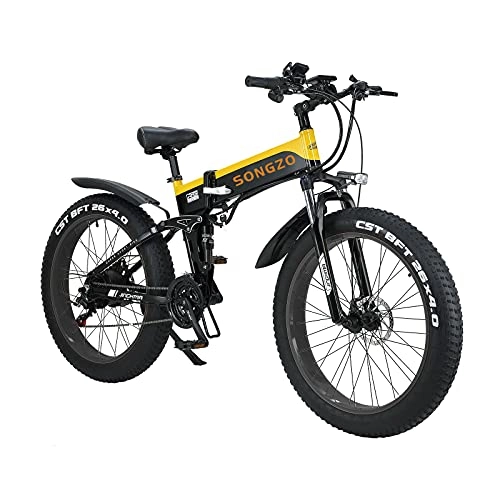 Vélos électriques : SONGZO Vélo électrique Pliable 26 Pouces Gros Pneu Neige VTT avec Batterie au Lithium Amovible 48 V 12.8AH et Le Porte-Bagages Arrière