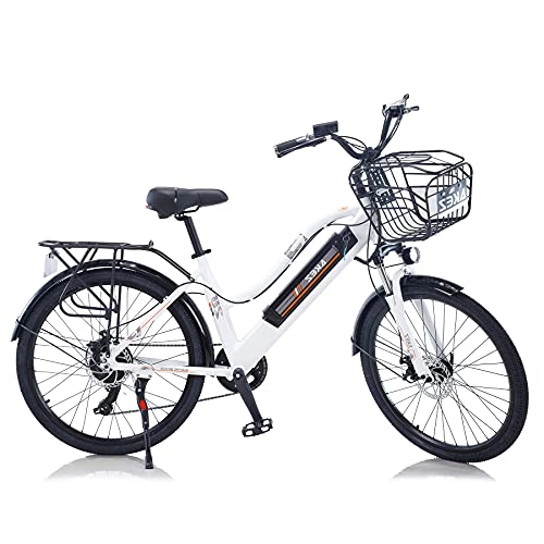 Vélos électriques : TAOCI Vélo électrique pour femme adulte tout terrain 26" 36 V 350 W Shimano 7 vitesses Batterie lithium-ion amovible pour le travail en plein air cyclisme voyage (blanc, 350)