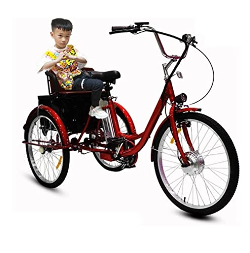 Vélos électriques : Tricycle électrique Adulte à 3 Roues pour Les Personnes âgées Batterie au Lithium de vélo avec éclairage LED dans Le Panier arrière Tricycle à pédales humaines à Trois Roues(Red, 24'')