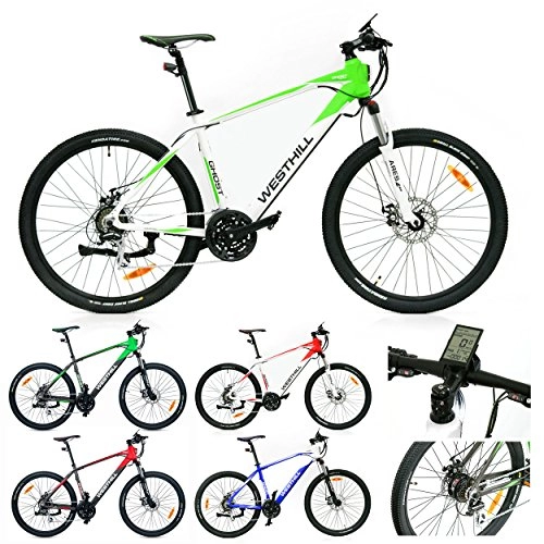 Vélos électriques : Vlo de montagne lectrique West Hill Ghost - Avec batterie Samsung 36V Li-ionet ordinateur de bord, blanc / vert