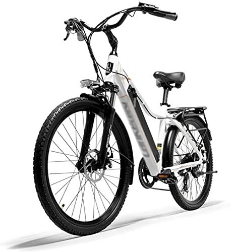 Vélos électriques : Vélo de Montagne électrique 26 Pouces vélo électrique Fat Tire E-Bike 7 Vitesses Beach Cruiser Sports Vélos de Montagne de Suspension Suspension Pédale assistée E-Bike-Blanc_10.4ah