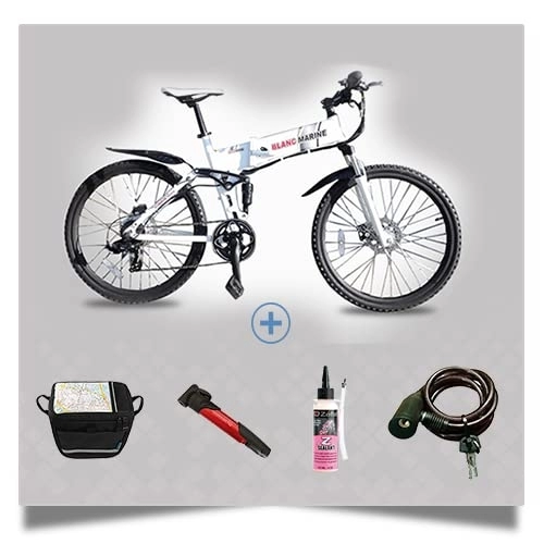 Vélos électriques : Vélo Pliant 26 PM4 Electrique Blancmarine - avec Sacoche Avant, Pompe à Main, Anti crevaison et antivol - Solde - Stock limité - en Aluminium - Garantie 5 Ans