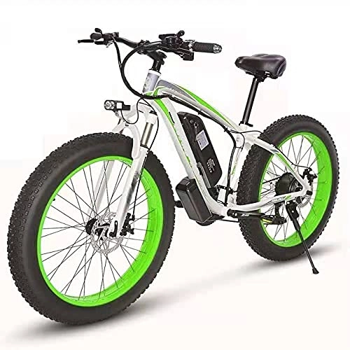 Vélos électriques : Vélo Électrique, 26 " E-bike à gros pneus pour adultes, Freins à disque avant et arrière, Batterie au lithium 48V 10Ah, Ebike de montagne 21 vitesses, Ebike tout terrain de ski de fond, White green