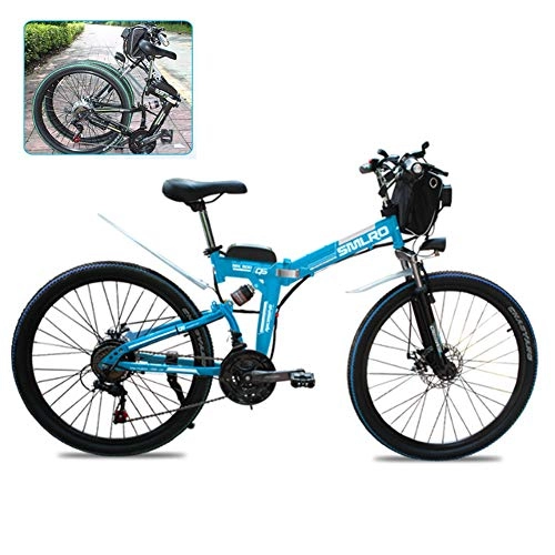 Vélos électriques : Vélo Électrique 36V Lithium Batterie Velo Pliant VTT 26 Pouces Shimano 21 Vitesse Vélo Intelligent E Bike Vélo De Montagne en Acier À Haute Teneur en Carbone, Bleu