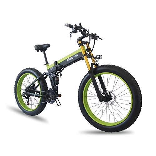 Vélos électriques : Vélo électrique 1000w 48v 15ah Vélo De Montagne électrique Gros Pneu Vélo De Neige 26"4.0 Pneu E-Bike Shimano 21 Vitesses Fourche à Suspension Améliorée (Vert)