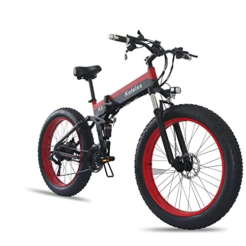 Vélos électriques : Vélo électrique 26 Pouces, motoneige à pneus Larges 4.0, VTT, VTT, équipé d'une Batterie au Lithium Amovible Shimano 21, 48V15Ah, adapté aux Adultes (Rouge)