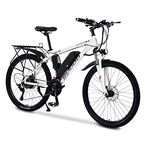 Vélos électriques : Vélo électrique 26" pour adultes, vélos électriques avec porte-bagages, vélo de ville 250 W, VTT 36 V 13 Ah, batterie amovible, fourche avant en aluminium, freins à disque (blanc)