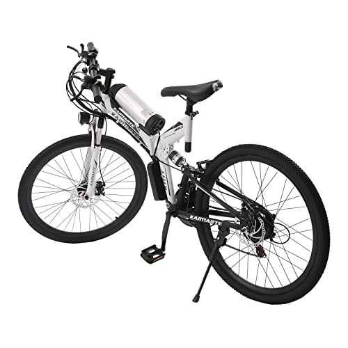 Vélos électriques : Vélo électrique pliable 26 pouces 21 vitesses avec lumière LED – 25 km / h E-VTT / City Bike électrique 36 V 10 A 120 kg Hauteur réglable pour homme et femme (blanc)