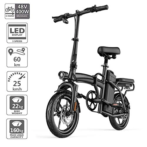 Vélos électriques : Vélo électrique pliant, Vélo en montagne E-bike de 14 pouces en alliage de magnésium adultes déplacements urbains à 3 vitesses avec moteur de 400W, MAX 25Km / h et freins mécaniques à double disque, Noir