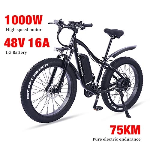 Vélos électriques : Vélo électrique VTT pour Homme et Femme Fat ebike 26 Pouces 1000W 16Ah LG Batterie Autonomie électrique de 70-80 KM (Noir)