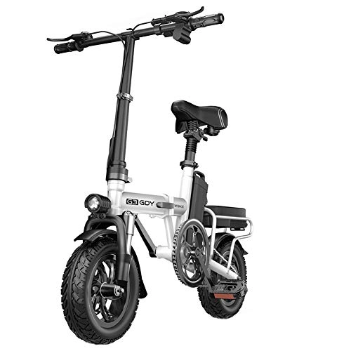 Vélos électriques : Vélos pliants en aluminium léger avec pédales Vélos électriques adultes Power Assist et à batterie lithium-ion amovible de 48 V avec roues de 12 pouces et moteur de moyeu de 400 W, Blanc, 100to200KM