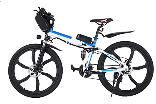 Vélos électriques : WIND SPEED Velo Electrique Pliant 250W VTT Femme Homme 26 Pouces avec Batterie 36V 8Ah, 21 Vitesses MTB Ebike (Blanc-26)