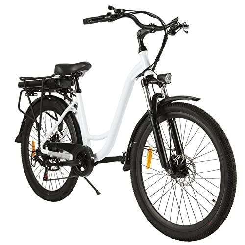 Vélos électriques : Wonzone ddzxc vélos électriques vélo électrique cadre aluminium frein à disque avec lampe frontale batterie lithium-ion (couleur : blanc)