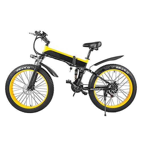 Vélos électriques : WSHA 26"vélo électrique 1000W vélo de Montagne électrique Pliable Neige Ebike vélo de Banlieue avec Batterie 48V 10.4Ah Amovible, pour Hommes Femmes Adultes - Jaune