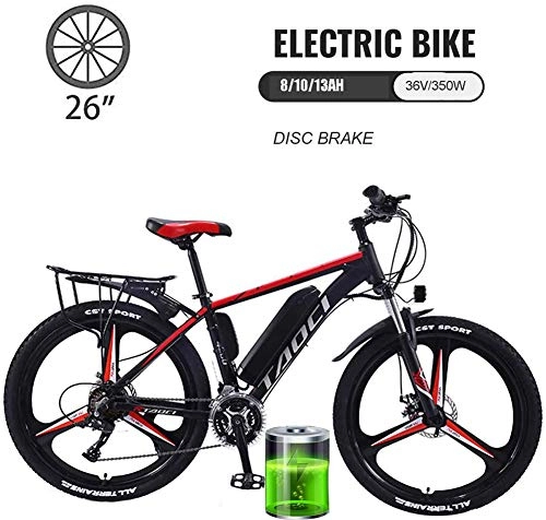 Vélos électriques : YMhome 26" Electric City Ebike Vélo VTT 21 Vitesses Double De Vélo Hommes Disque De Frein en Acier Au Carbone Pleine Suspension De Vélos, Amovible Batterie Au Lithium, Rouge, 8AH