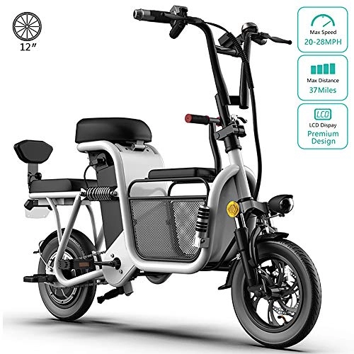 Vélos électriques : YMWD Parent-Enfant 3 Sièges Vélos Électriques Pliant 350W Vélo De Ville Électrique pour Adultes Smart Bike Roues De 12 Pouces 48V 8-20A Batterie Lithium Rechargeable, Blanc, 8A