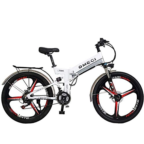 Vélos électriques : YUNYIHUI Vlos Pliants lectriques pour Adultes Vlos Pliants 26 Suspension Premium Premium Et Shimano 21 Vitesses Vlo lectrique Intelligent, White-48V10ah