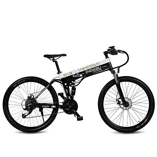 Vélos électriques : ZHENGBU Ebike Pliant de 26", vélo de Montagne à 27 Vitesses, 240W 48V 10Ah, Cadre et Rebord en Alliage d'aluminium, Suspension Totale (Blanc, 10Ah)