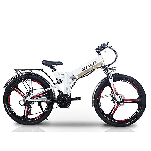 Vélos électriques : ZPAO KB26 26 Pouces électrique Pliant de Vitesse, Batterie au Lithium de 48V 10.4Ah, Moteur 350W, Assistance de pédale de 5 Niveaux, Fourchette de Suspension (Blanc, Plus 1 Batterie de Rechange)