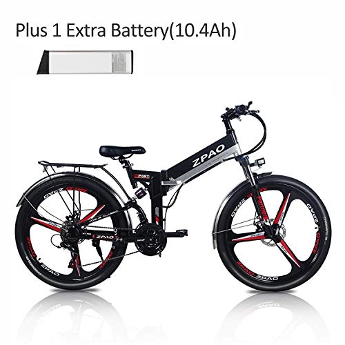 Vélos électriques : ZPAO KB26 Vélo électrique Pliant de 26 Pouces, Batterie au Lithium de 48V 10.4Ah, Vélo de Montagne 350W, Assistance de pédale de 5 Niveaux, Fourche à Suspension (Black-I Plus 1 Extra Battery)