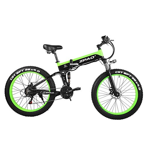 Vélos électriques : ZPAO Vélo de Montagne Pliant de 26 Pouces 48V 500W, vélo électrique 4.0 Fat Tire, Guidon réglable, écran LCD avec Prise USB (Black Green, 12.8Ah + 1 Batterie Rechange)