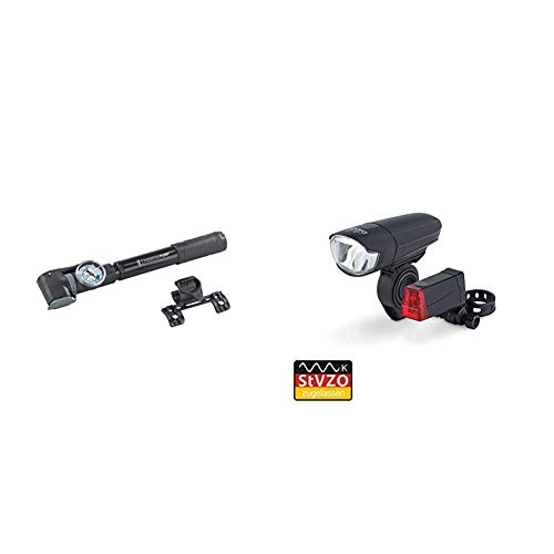 Fahrradpumpen : DANSI Mini-Luftpumpe, mit Manometer und Doppelventilkopf, schwarz, 44302 Fahrradpumpe & Fahrrad-Batterie-Leuchtenset, LED Fahrradbeleuchtung, umschaltbar zwischen 30 / 15 Lux, schwarz