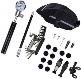 AK Accessoires AK Pompe à vélo Set pompe vélo Kit de montage Set avec manomètre Fits Presta et Schrader Mini Vtt pompe de pneu de bicyclette avec Glueless Puncture Repair, Noir, 20 * 2cm