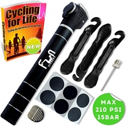 FunFitness Mini Pompe DE VÉLO (Noir) avec Kit Réparation Pneu et Patch sans Colle - Micro Pompes à Air Portative Haut Volume - Livrée avec Les 3 Meilleures Leviers en Plastique et Une Aiguille