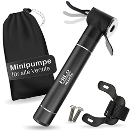 HiLo sports Pompe da bici HiLo sports Mini pompa per bicicletta extra piccola – Mini pompa per ruote in alluminio – per tutte le valvole (DV, SV, AV) – 6 Bar / 90 Psi – Mini pompa per bicicletta con supporto (nero)