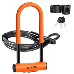 INTEKIN Bike Lock INTEKIN Bike U Lock Heavy Duty Bike Lock Bicycle Lock, 16mm U Lock and 5ft Length Security Cable with Sturdy Mounting Bracket for Bicycle, Motorcycle and More, Orange, Large