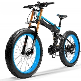 LANKELEISI Bici elettriches T750plus Bicicletta elettrica da neve pieghevole da 26 pollici per mountain bike per adulti, bici elettrica a 27 velocità con batteria rimovibile (Blue, 10.4Ah)