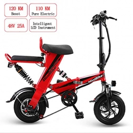 W&TT Bici elettriches W&TT Pieghevole Bici elettrica per Adulti 48V 25AH 350W ad Alta Potenza Doppia E-Bike con Resistenza 110KM e velocit Massima 25km / h, Doppi Freni a Disco 12"City Bicycle, Red