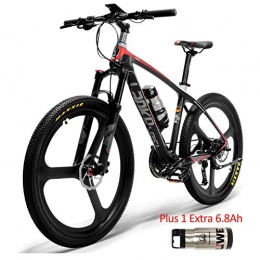 LANKELEISI Bicicletas eléctrica S600 26 '' Bicicleta eléctrica Cuadro de fibra de carbono 240W Bicicleta de montaña, Sistema de sensor de par, Horquilla de suspensión con cierre de aceite y gas (Negro Rojo Plus 1 Extra 6.8Ah)