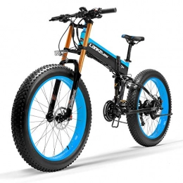 LANKELEISI Bicicletas eléctrica T750Plus 27 velocidad Bicicleta eléctrica plegable 26*4.0 neumático gordo, freno de disco hidráulico, asistencia de pedal Bicicleta eléctrica (Black Blue Upgraded, 1000W+1 batería de repuesto)