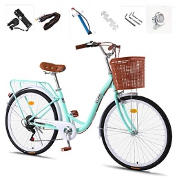 GHH Comfort Bike 7 Speed Adult commuter bike, 26"City leisure Bicycle, Comfort City Bike & Basket Flashlight, Inflator, Anti-theft lock, Light Green