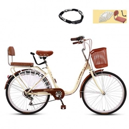 CHERRIESU Comfort Bike CHERRIESU Lightweight 24" City Leisure Bicycle, 7 Speed Adult Bike with Bike Lock Ladies Bike & Basket Cruiser Bike Vintage Bike Classic Bicycle, Beige