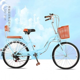 GAOJIN Comfort Bike GAOJIN Adult Bike, 6-Speed Bicycle, 24 Inch Bike Bicycle for Women Retro Frame Adult Bike with Basket, Blue
