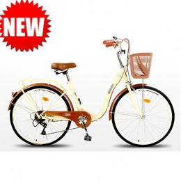 JHDUID Comfort Bike JHDUID Single-Speed Beach Cruiser Bicycle 6 variable speed High-carbon steel City Bike Around The Block Women's Bicycle Dutch Style Retro Bike With Basket 24 / 26 in, Beige, single speed 26in