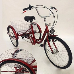 OU BEST CHOOSE Comfort Bike OU BEST CHOOSE 24" 3 Wheel Adult Tricycle with Lamp 6 Speed Bicycle, Shopping Basket Trike Tricycle Pedal Cycling Bike, for Shopping Outdoor Picnic Sports (red)